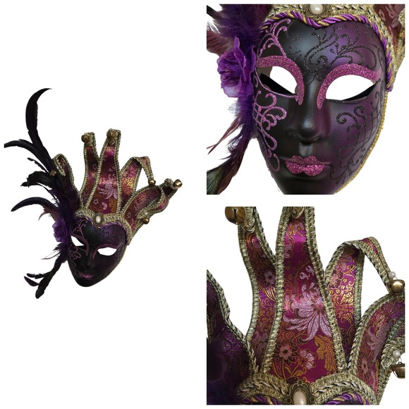Other - Full Face Venetian Jester Mardi Gra Masks Purple and Gold Brocade